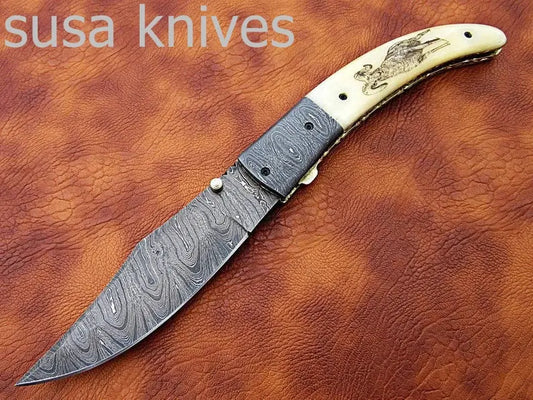 Newly Design Custom Hand Made Damascus Steel Hunting Pocket Knife/Folding Knife with Scrimshaw/Christmas Gift/Anniversary Gift - SUSA KNIVES