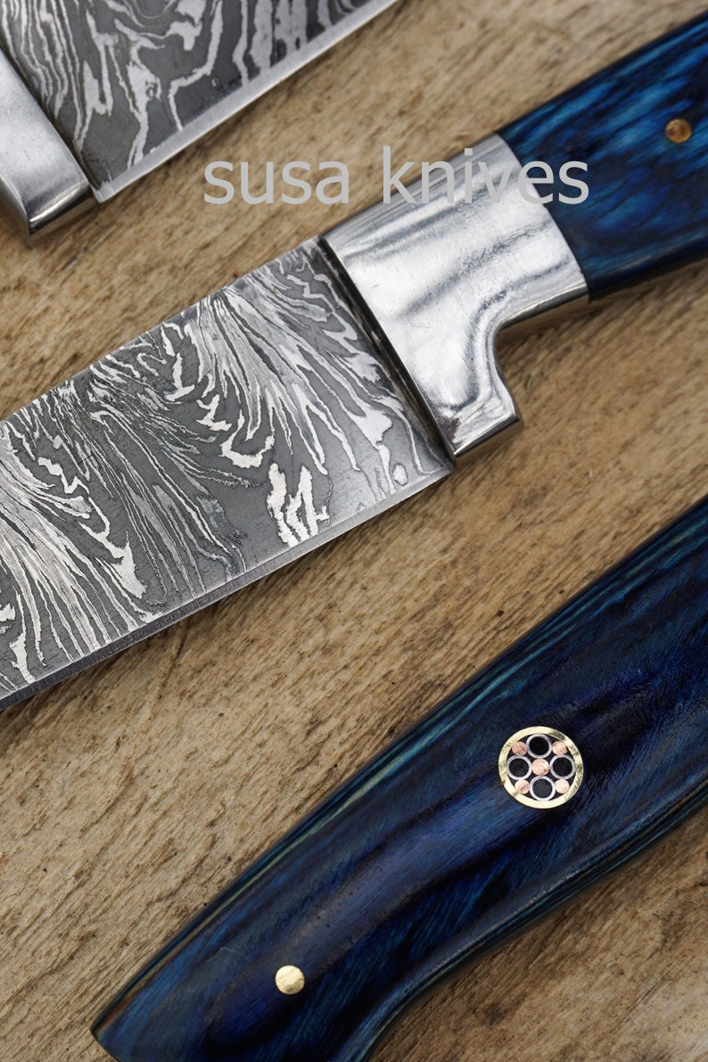 Chef Knife; Twist Pattern Damascus steel, Royal Blue Dyed Rosewood handle - SUSA KNIVES