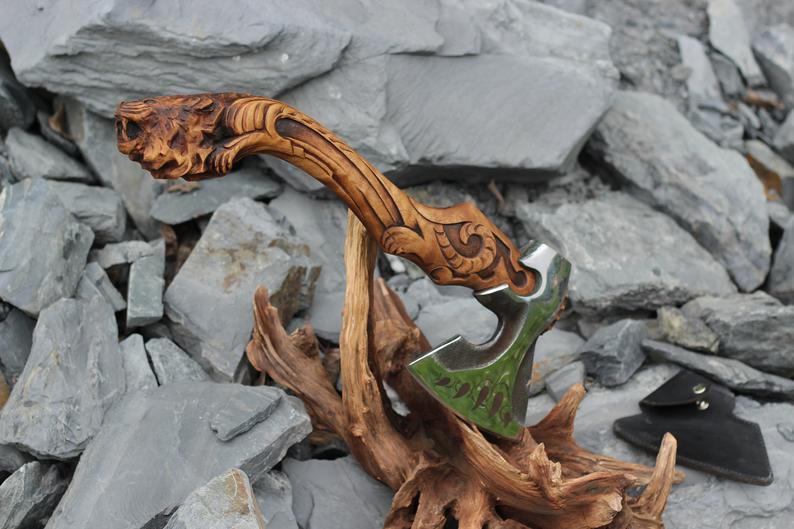Hand Carved Tiger Axe, Custom Wood Axe, Handmade Wooden Axe,, Hand Forged Hatchet, Personalized Viking Axe - SUSA KNIVES