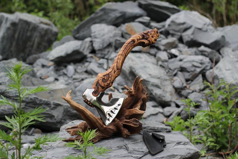 Hand Carved Tiger Axe, Custom Wood Axe, Handmade Wooden Axe,, Hand Forged Hatchet, Personalized Viking Axe - SUSA KNIVES