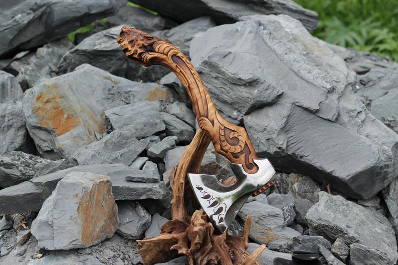 Hand Carved Tiger Axe, Custom Wood Axe, Handmade Wooden Axe,, Hand Forged Hatchet, Personalized Viking Axe - SUSA KNIVES