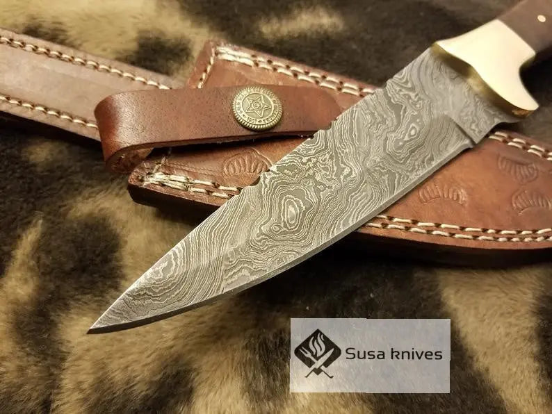 Handmade Damascus Knife with Rose wood & Brass Bolster(Finger Guard) - SUSA KNIVES