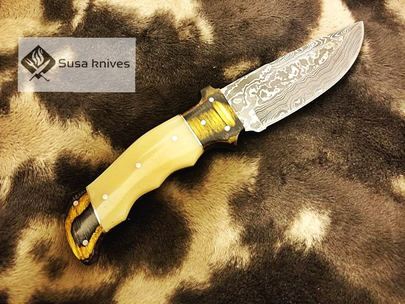 Damascus Steel Bushcraft Combination of bone & Micarta sheet with knife sharpener - SUSA KNIVES
