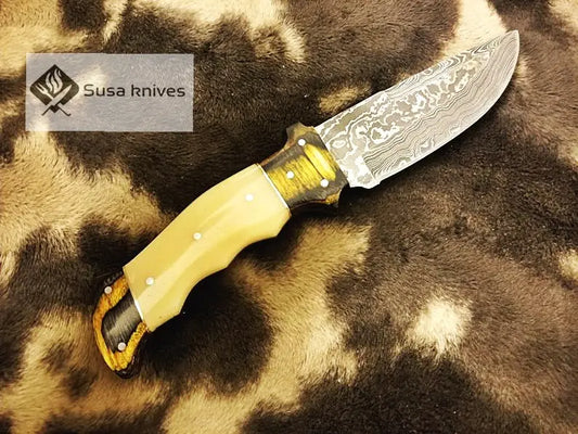 Damascus Steel Bushcraft Combination of bone & Micarta sheet with knife sharpener - SUSA KNIVES