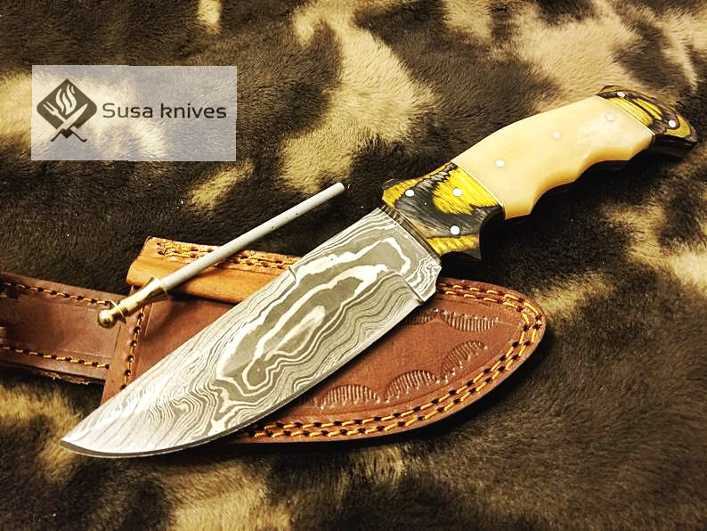 Damascus Steel Bushcraft Combination of bone & Micarta sheet with knife sharpener - SUSA KNIVES