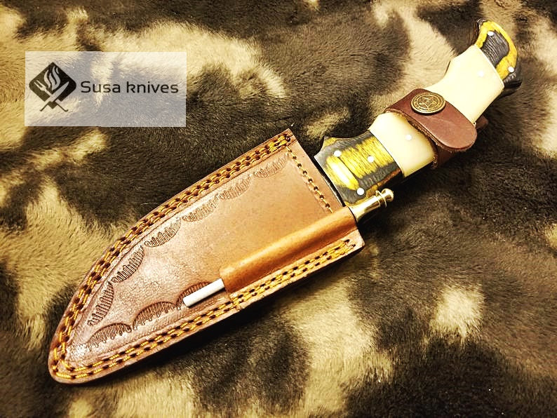 Damascus Steel Bushcraft Combination of bone & Micarta sheet with knife sharpener - SUSA KNIVES