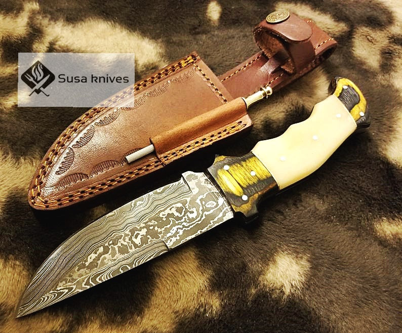 Damascus Steel Bushcraft Combination of bone & Micarta sheet with knife sharpener - SUSA KNIVES