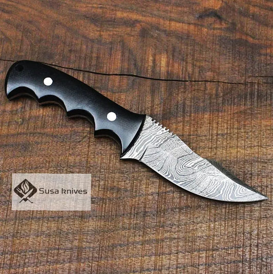 - Damascus Bushcraft Knife with Black Micarta Scales. Hunting / Camping / Survival / Fishing - SUSA KNIVES