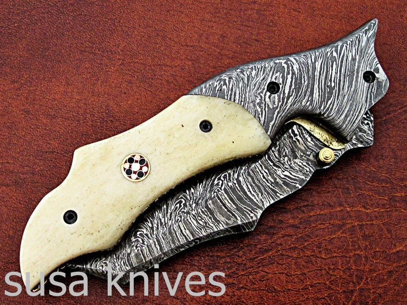 Amazing Hand Made Damascus Steel Hunting Pocket Knife/Folding Knife With Liner Lock/Christmas Gift/Anniversary Gift - SUSA KNIVES