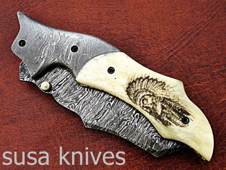 Amazing Hand Made Damascus Steel Hunting Pocket Knife/Folding Knife With Liner Lock/Christmas Gift/Anniversary Gift - SUSA KNIVES