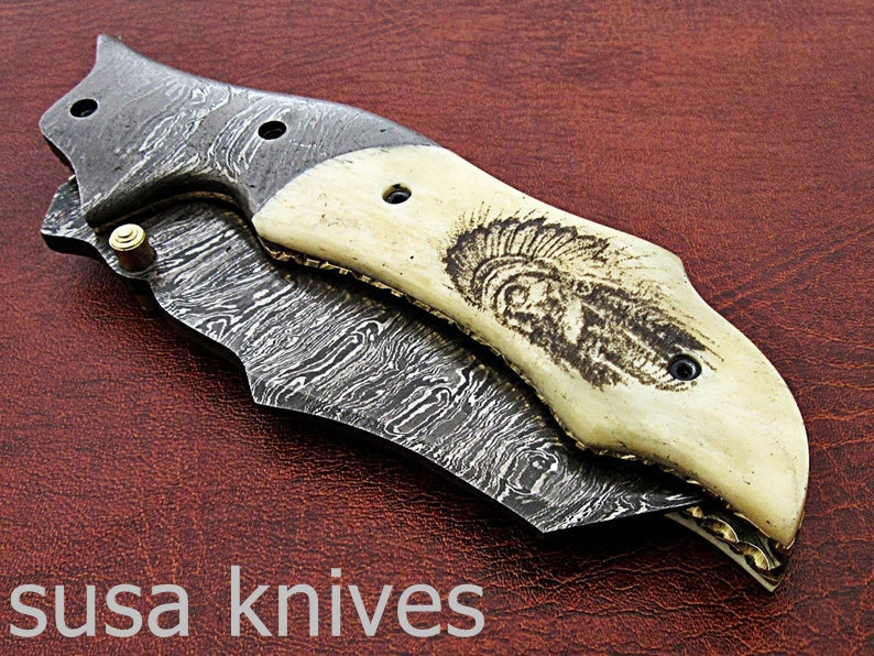 Amazing Hand Made Damascus Steel Hunting Pocket Knife/Folding Knife With Liner Lock/Christmas Gift/Anniversary Gift - SUSA KNIVES