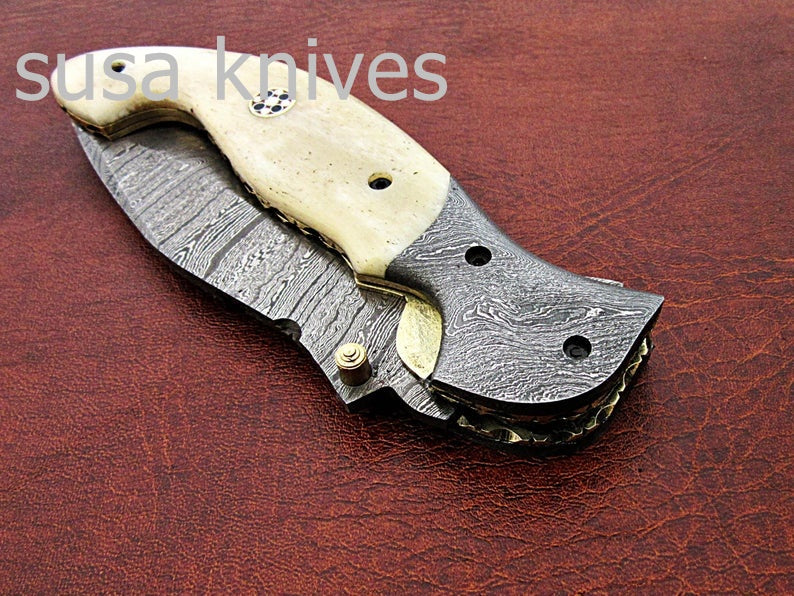 Newly Design Custom Hand Made Damascus Steel Hunting Pocket Knife/Folding Knife with Scrimshaw/Easter Gift/Anniversary Gift - SUSA KNIVES