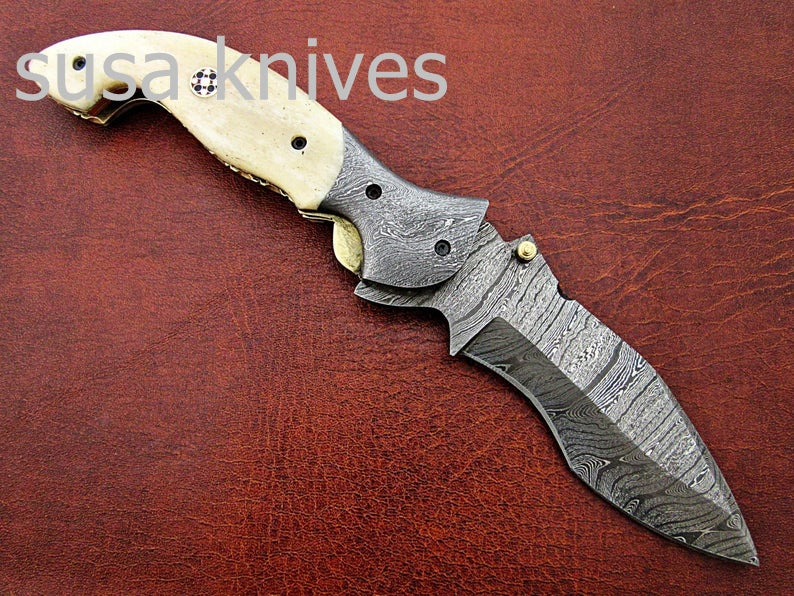 Newly Design Custom Hand Made Damascus Steel Hunting Pocket Knife/Folding Knife with Scrimshaw/Easter Gift/Anniversary Gift - SUSA KNIVES