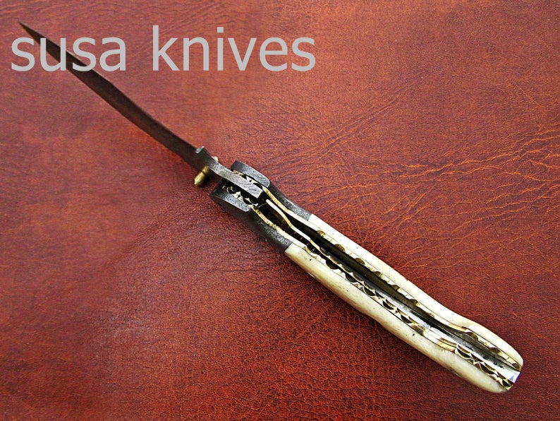 Newly Design Custom Hand Made Damascus Steel Hunting Pocket Knife/Folding Knife with Scrimshaw/Easter Gift/Anniversary Gift - SUSA KNIVES