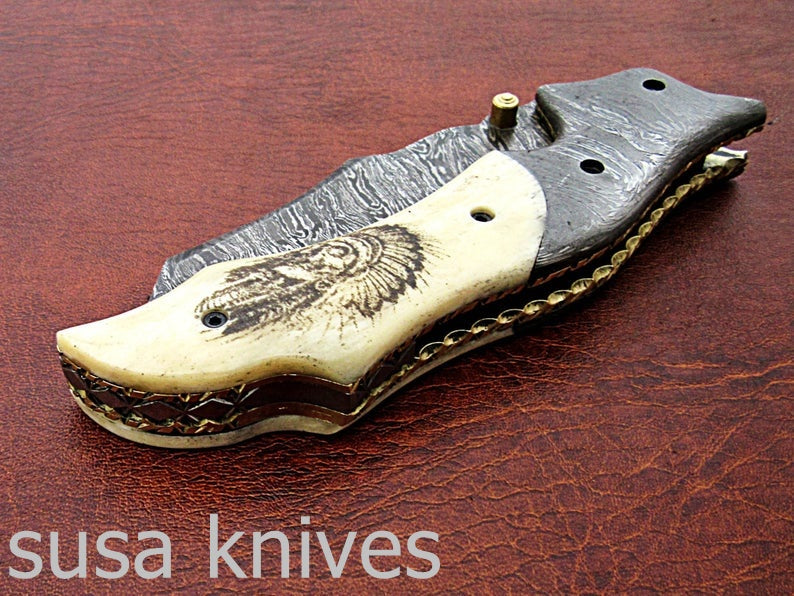 Amazing Hand Made Damascus Steel Hunting Pocket Knife/Folding Knife With Liner Lock/Christmas Gift/Anniversary Gift - SUSA KNIVES