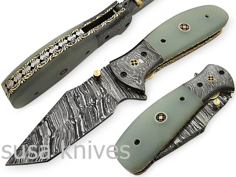 Beautiful Newly Design Custom Hand Made Damascus Steel Hunting Pocket Knife - SUSA KNIVES