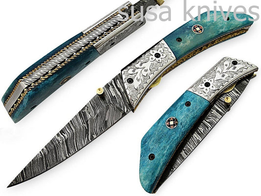 Amazing Hand Made Damascus Steel Hunting Pocket Knife/Folding Knife With Liner Lock/Christmas Gift/Anniversary Gift - SUSA KNIVES
