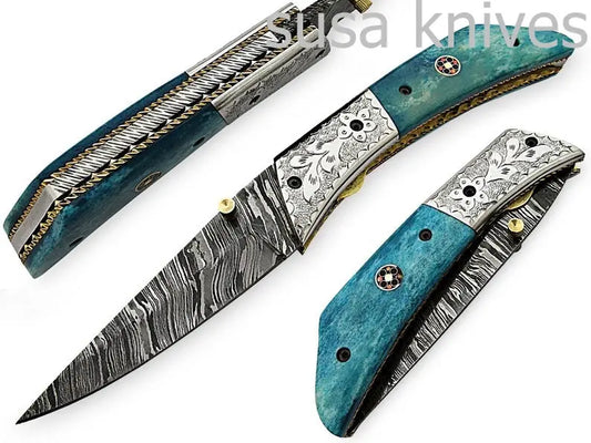 Amazing Hand Made Damascus Steel Hunting Pocket Knife/Folding Knife With Liner Lock/Christmas Gift/Anniversary Gift - SUSA KNIVES