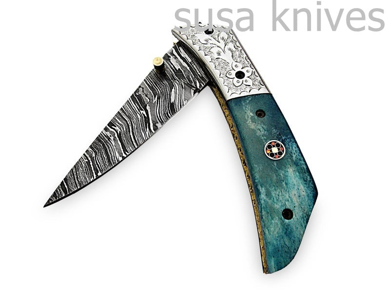 Amazing Hand Made Damascus Steel Hunting Pocket Knife/Folding Knife With Liner Lock/Christmas Gift/Anniversary Gift - SUSA KNIVES