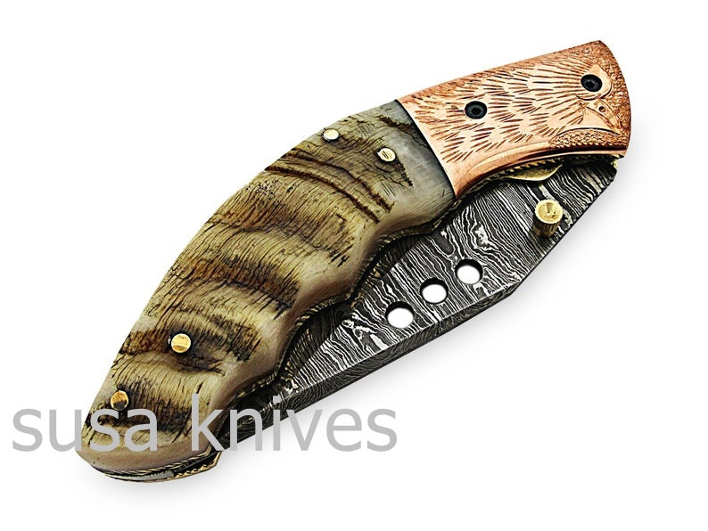 Amazing Hand Made Damascus Steel Hunting Pocket Knife/Folding Knife With Liner Lock/Christmas Gift/Anniversary Gift - SUSA KNIVES