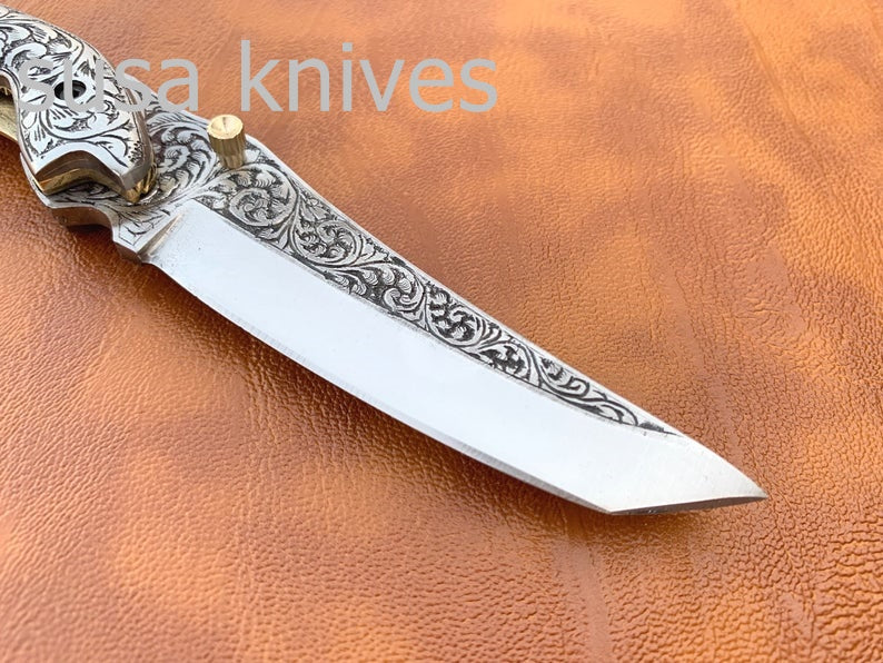 Newly Design Hand Made D2 Steel Hunting Engrave Pocket Knife/Folding knife With Liner Lock/valentine Gift/Gift for her - SUSA KNIVES