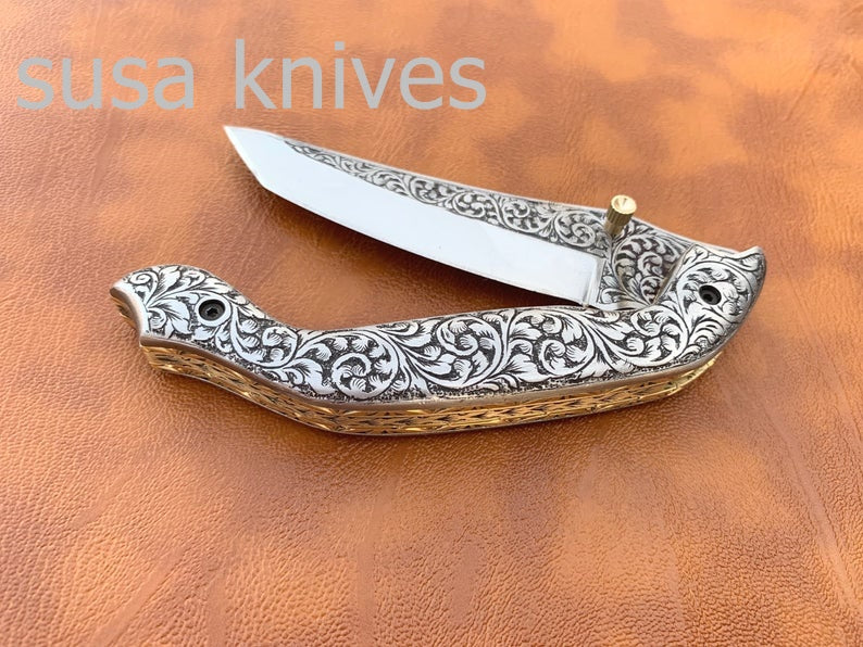 Newly Design Hand Made D2 Steel Hunting Engrave Pocket Knife/Folding knife With Liner Lock/valentine Gift/Gift for her - SUSA KNIVES