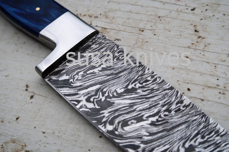 Chef Knife; Twist Pattern Damascus steel, Royal Blue Dyed Rosewood handle - SUSA KNIVES