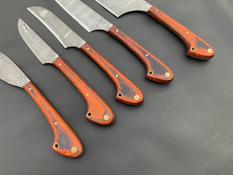 5-Pcs Damascus Steel Chef Knife Set/Kitchen Knife set With Leather roll Bag/Gift for her/Birthday Gift/Kitchen and dinning/Chopper - SUSA KNIVES