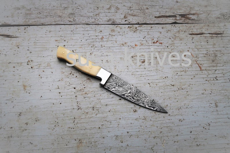 3.5" Bone Chef Knife; Twist Pattern Damascus steel, Natural Bone handle - SUSA KNIVES