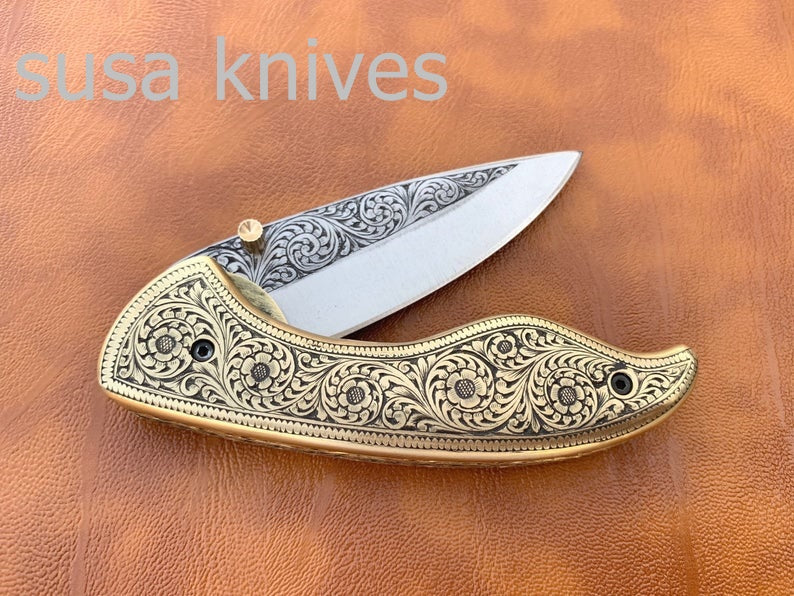 Beautiful Newly Design Hand Made D2 Steel Hunting Engrave Pocket Knife/Folding knife With Liner Lock/valentine Gift/Gift for him - SUSA KNIVES