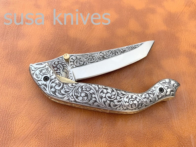 Newly Design Hand Made D2 Steel Hunting Engrave Pocket Knife/Folding knife With Liner Lock/valentine Gift/Gift for her - SUSA KNIVES