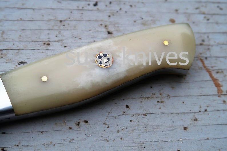 3.5" Bone Chef Knife; Twist Pattern Damascus steel, Natural Bone handle - SUSA KNIVES