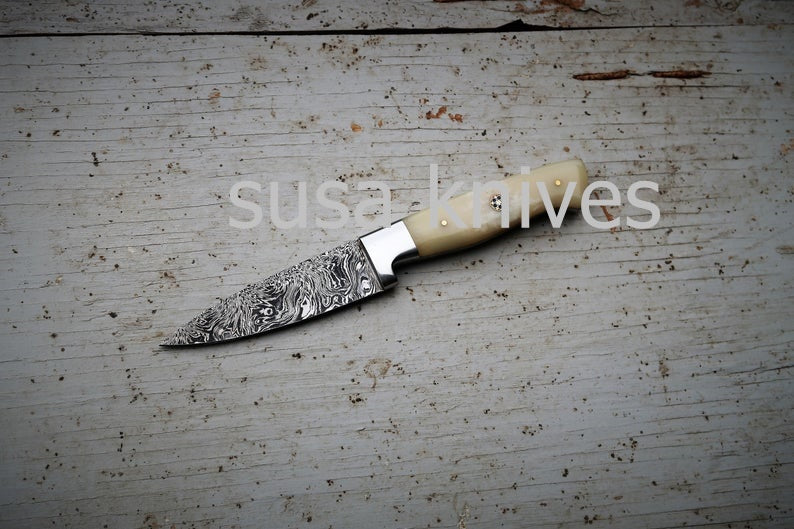 3.5" Bone Chef Knife; Twist Pattern Damascus steel, Natural Bone handle - SUSA KNIVES