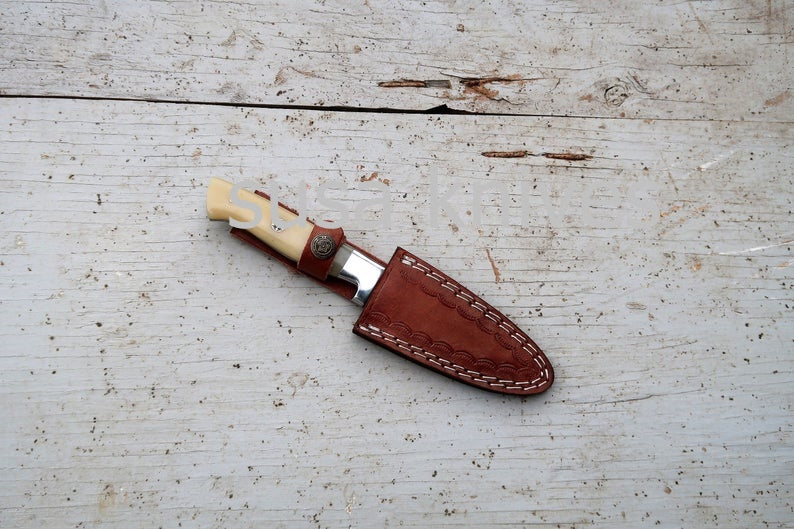 3.5" Bone Chef Knife; Twist Pattern Damascus steel, Natural Bone handle - SUSA KNIVES