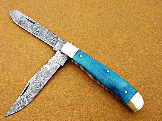 Custom Handmade Damascus Steel Double Blade Folding Pocket Knife - SUSA KNIVES