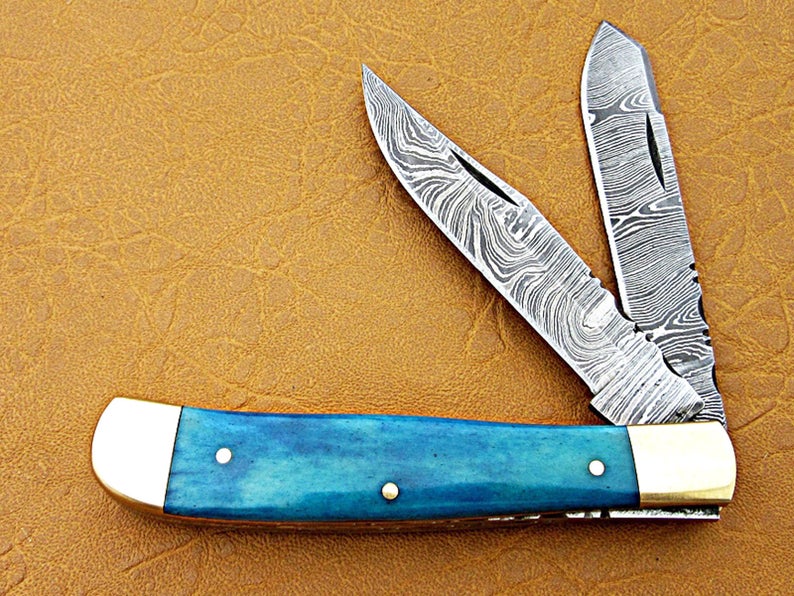 Custom Handmade Damascus Steel Double Blade Folding Pocket Knife - SUSA KNIVES