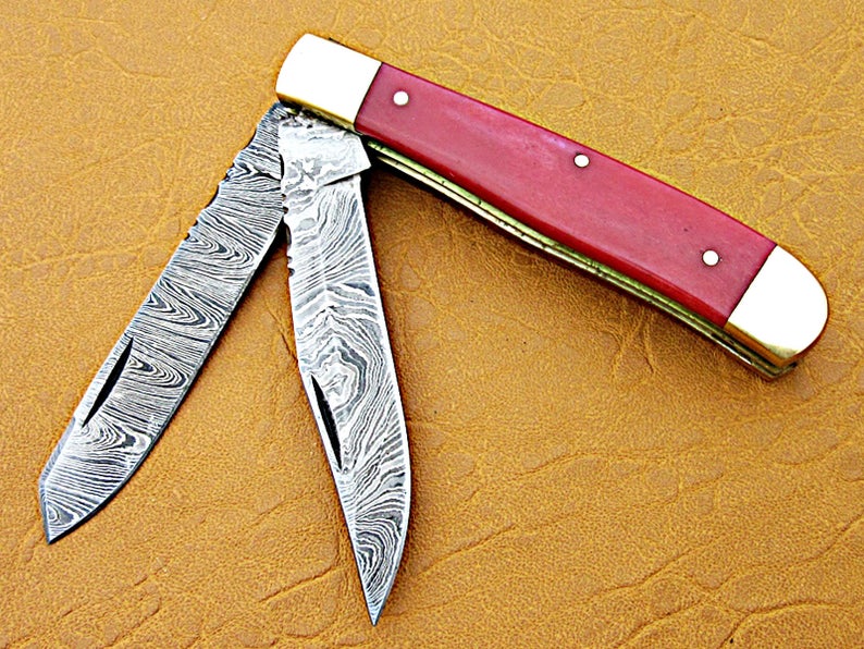 Custom Handmade Damascus Steel Double Blade Folding Pocket Knife - SUSA KNIVES