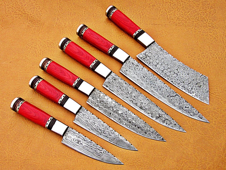 Custom Made Damascus Steel Fixed Blades Chef knives Set With