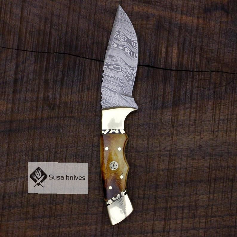 Damascus Bushcraft Knife with Torched Camel Bone Scales - Hunting, Camping, Fixed Blade, Christmas, Anniversary Gift Men, Unique Knife - SUSA KNIVES