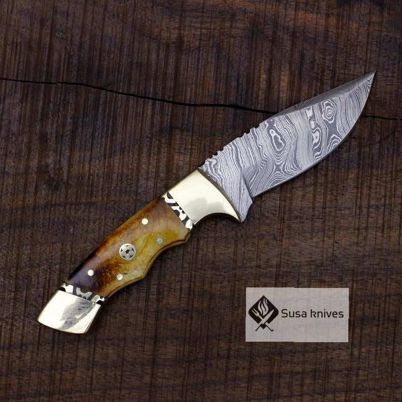 Damascus Bushcraft Knife with Torched Camel Bone Scales - Hunting, Camping, Fixed Blade, Christmas, Anniversary Gift Men, Unique Knife - SUSA KNIVES