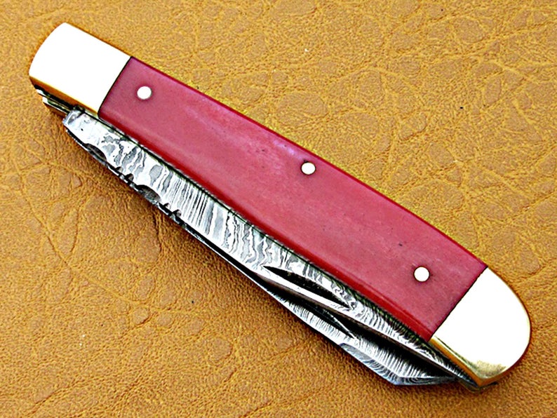 Custom Handmade Damascus Steel Double Blade Folding Pocket Knife - SUSA KNIVES