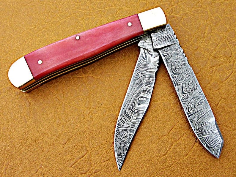 Custom Handmade Damascus Steel Double Blade Folding Pocket Knife - SUSA KNIVES
