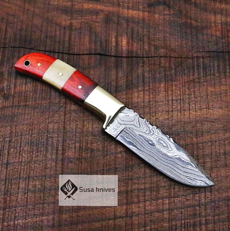 Handmade Damascus Bushcraft Knife - Hunting, Camping, Fixed Blade, Christmas, Anniversary Gift Men, Unique Knife, EDC, Fixed Blade, Survival - SUSA KNIVES