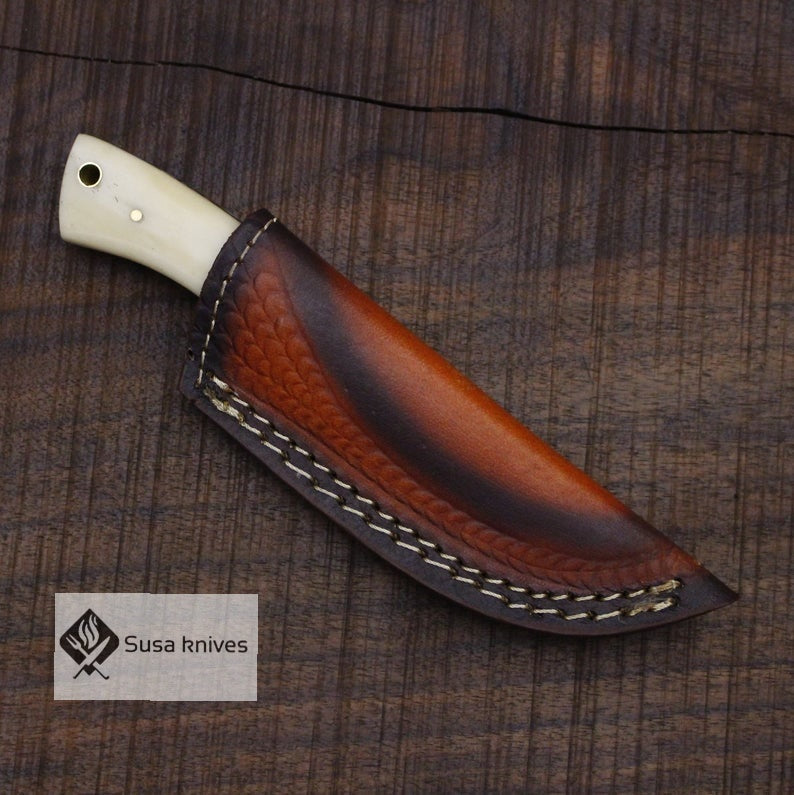Damascus Bushcraft Knife with Camel Bone Handle - Hunting, Camping, Fixed Blade, Christmas, Anniversary Gift Men, Unique Knife - SUSA KNIVES