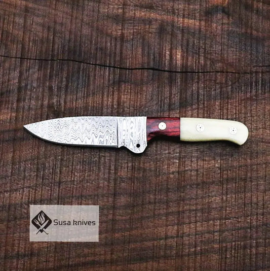 Damascus Bushcraft Knife with Camel Bone Scales - Camping, Survival, Unique Gift for Men, Gift for Dad, Christmas Gift for Him, EDC, Hiking - SUSA KNIVES