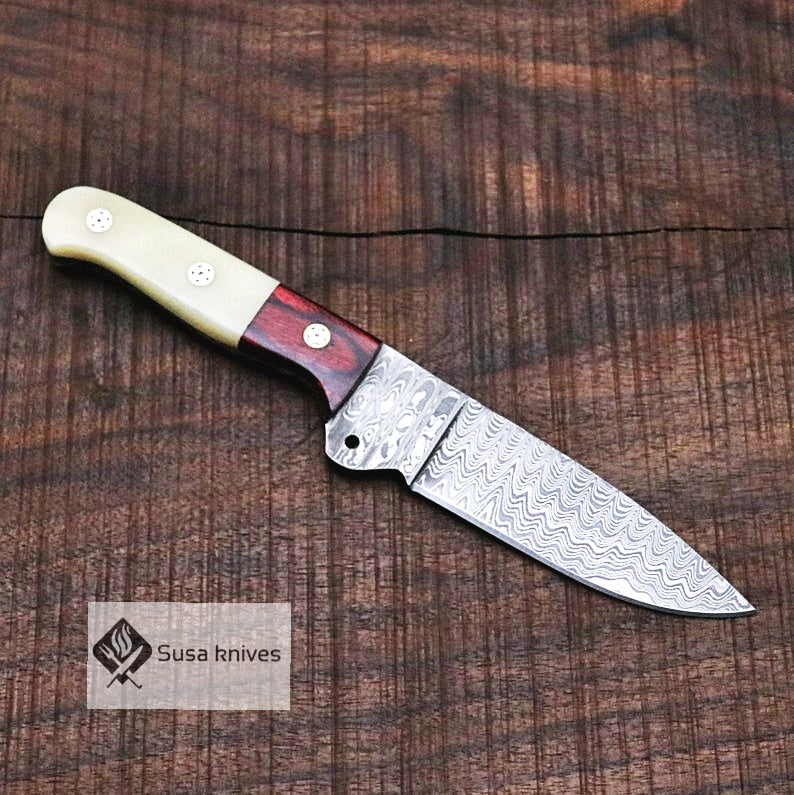 Damascus Bushcraft Knife with Camel Bone Scales - Camping, Survival, Unique Gift for Men, Gift for Dad, Christmas Gift for Him, EDC, Hiking - SUSA KNIVES