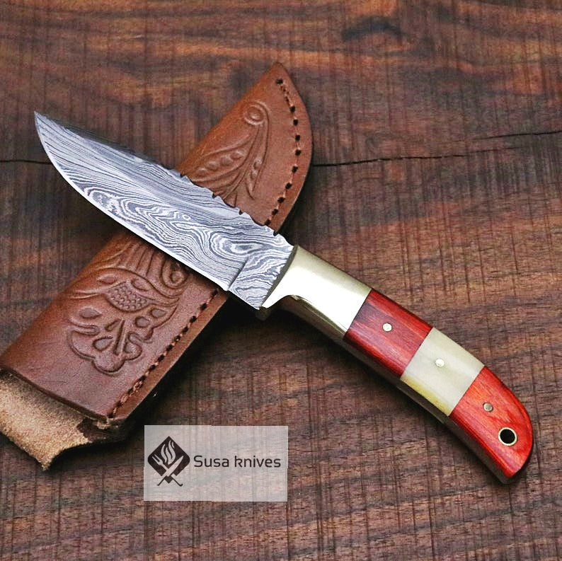 Handmade Damascus Bushcraft Knife - Hunting, Camping, Fixed Blade, Christmas, Anniversary Gift Men, Unique Knife, EDC, Fixed Blade, Survival - SUSA KNIVES