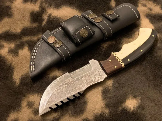 Damascus Tracker Knife Hunting Knife buffalo bone/buffalo horn/Walnut wood, Ladder Pattern, Blank +Sheath - SUSA KNIVES