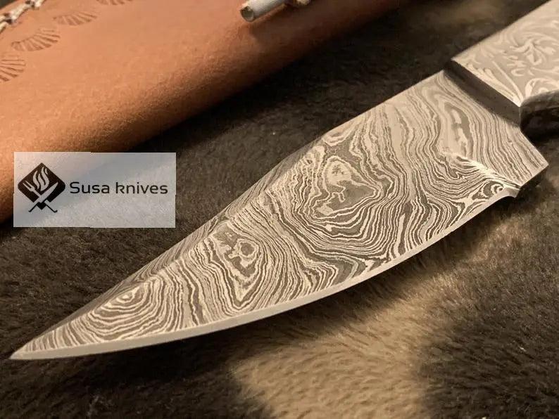 Limited Addition Damascus Steel Blade- custom handmade carved scale - SUSA KNIVES