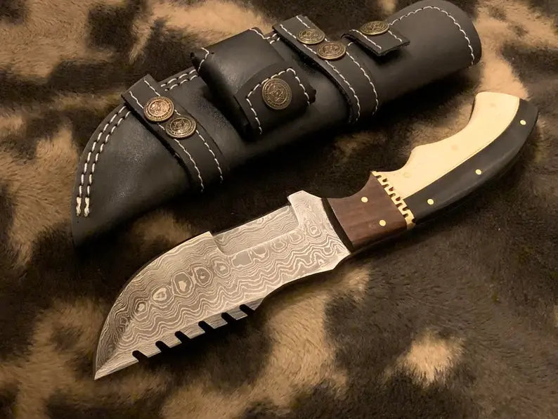 Damascus Tracker Knife Hunting Knife buffalo bone/buffalo horn/Walnut wood, Ladder Pattern, Blank +Sheath - SUSA KNIVES
